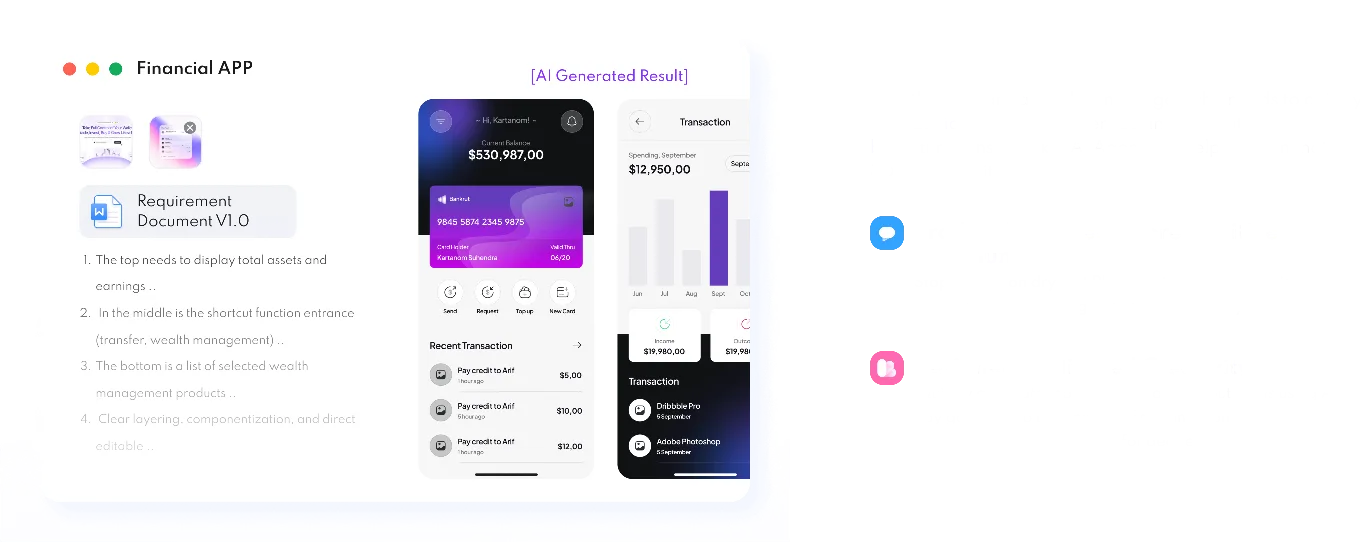 Product requirements beside an AI-generated finance UI draft and editable mobile screens
