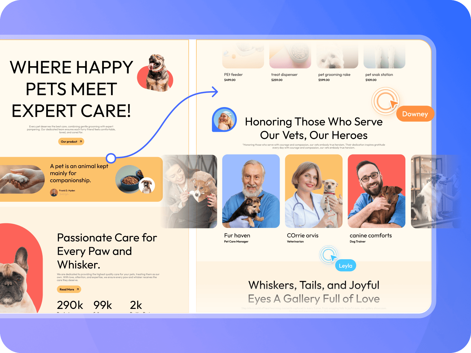 Interactive website prototype with scroll and page transitions