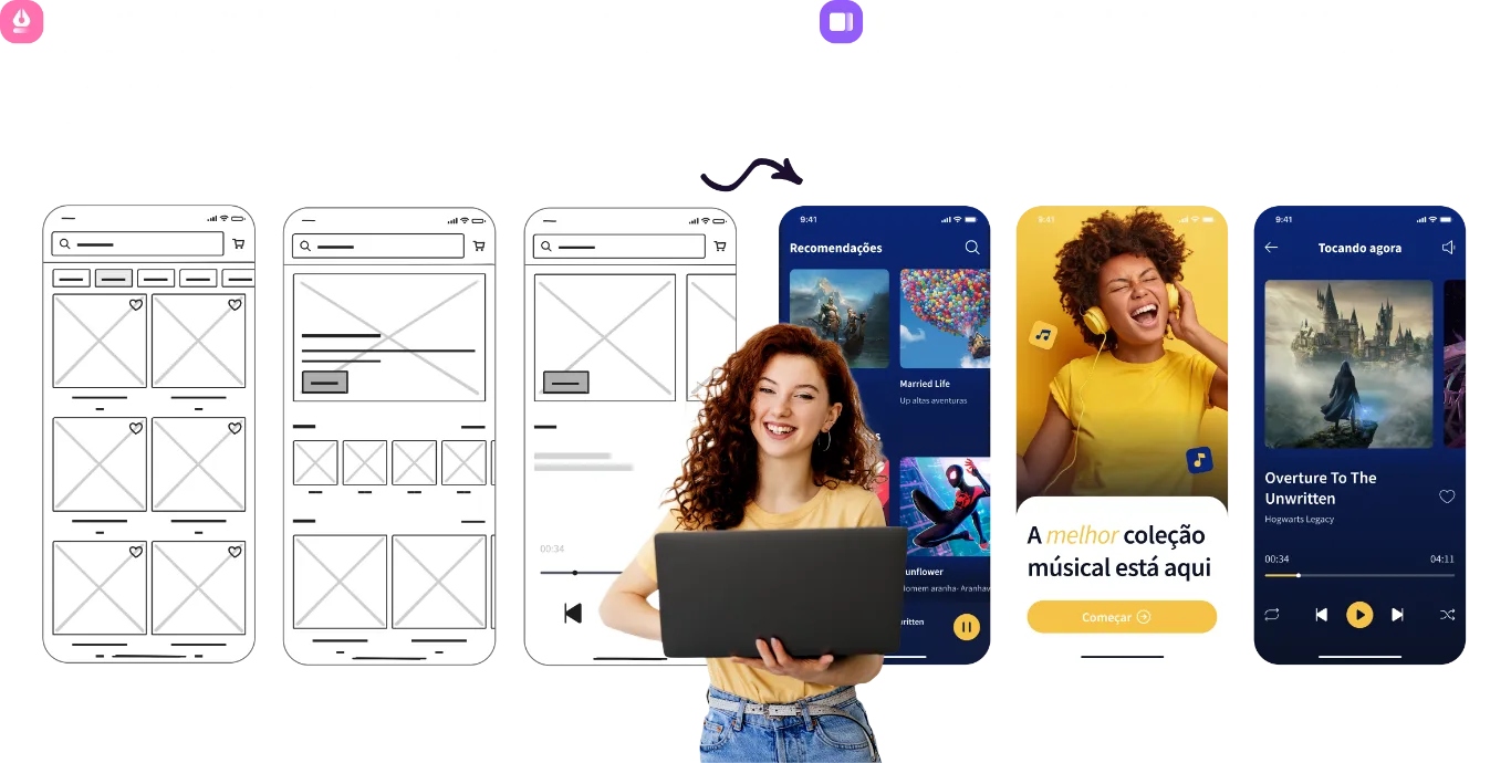 Mobile wireframes and music app screens showing sketch digitization and screenshot-based page revision scenarios